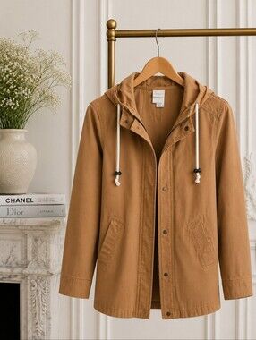 The North Face Camel Hooded Utility Jacket | Lightweight Zip & Snap Coat | Size